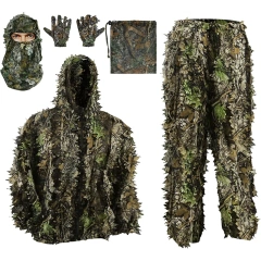 Outdoor Soft and Minimalist Camo Ghillie Suits 3D Leafy Hooded Hunting Simple and Minimalist Camouflage Ghillie Suits Lightweight Practical 3D Leafy Camo Suits with Storage Bag Ghillie Suits for Men Leaf Camouflage Training Hunting Ghillie Suit