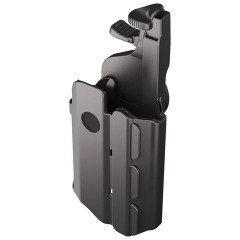 Kydex holster elastic webbing and low-profile carry design enhance it practicality adaptability for various tactical needs It can resist chemicals and moisture while also being comfortable and durable