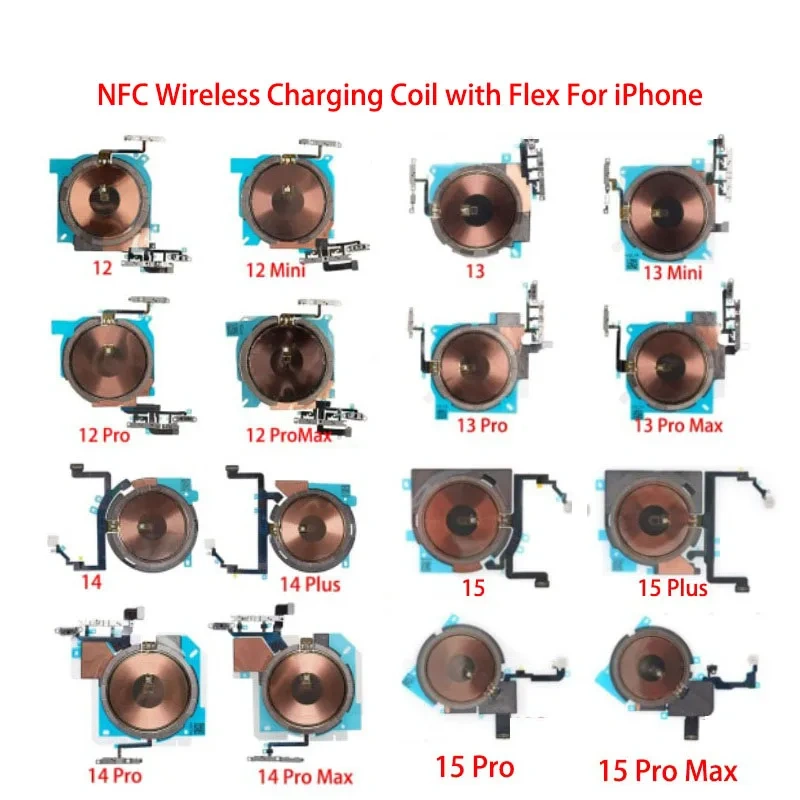 10PCS NFC Wireless Charging Coil Sticker With Volume Power Flex Cable Replacement part For iPhone 14 Plus Pro Max
