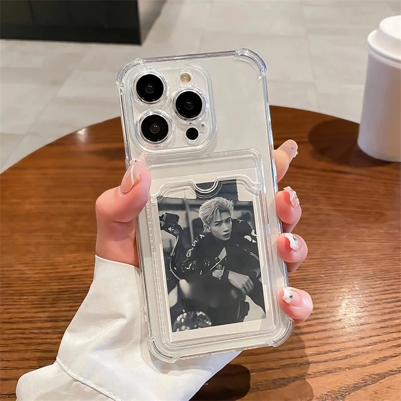 Transparent Card Slot Bag Holder Phone Case For iPhone 15 14 13 12 11 Pro Max X XS Clear Wallet Silicone Shockproof Back Cover