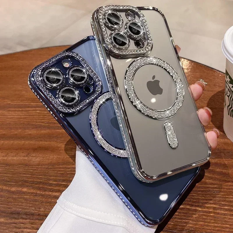 Clear Bling Crystal Phone Case For iPhone 17 Air 15 16 14 11 12 13 Pro Max Plus For Magsafe Magnetic Wireless Charging Cover