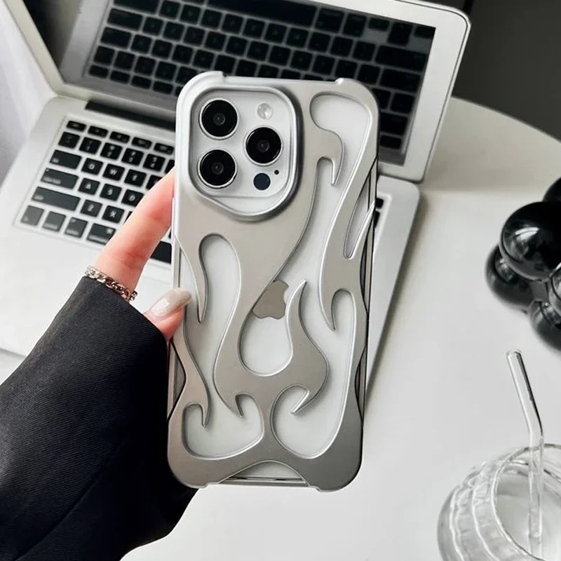 3D Flame Pattern Hollow Slim Phone Case For iPhone 16 15 14 13 12 11 Pro Max Plus Shockproof Protective Heat Dissipation Cover