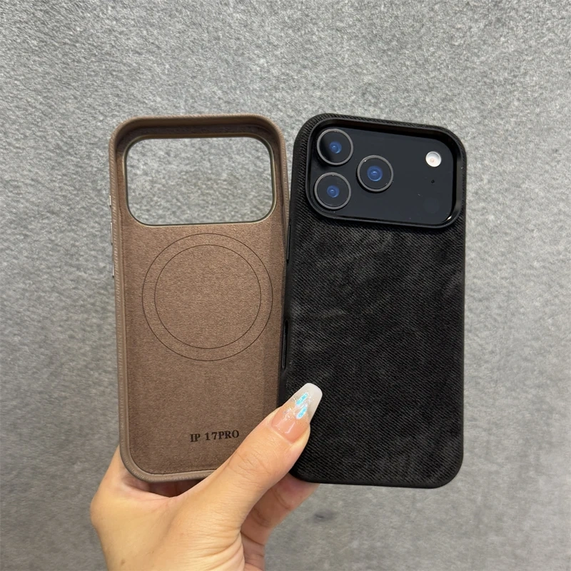 Alloy Lens Flannel Fabric MagSafe Phone Case For iPhone 17 17pro max 15 16 Pro 14 13 12 Wireless Charging Retro Hard Armor Cover