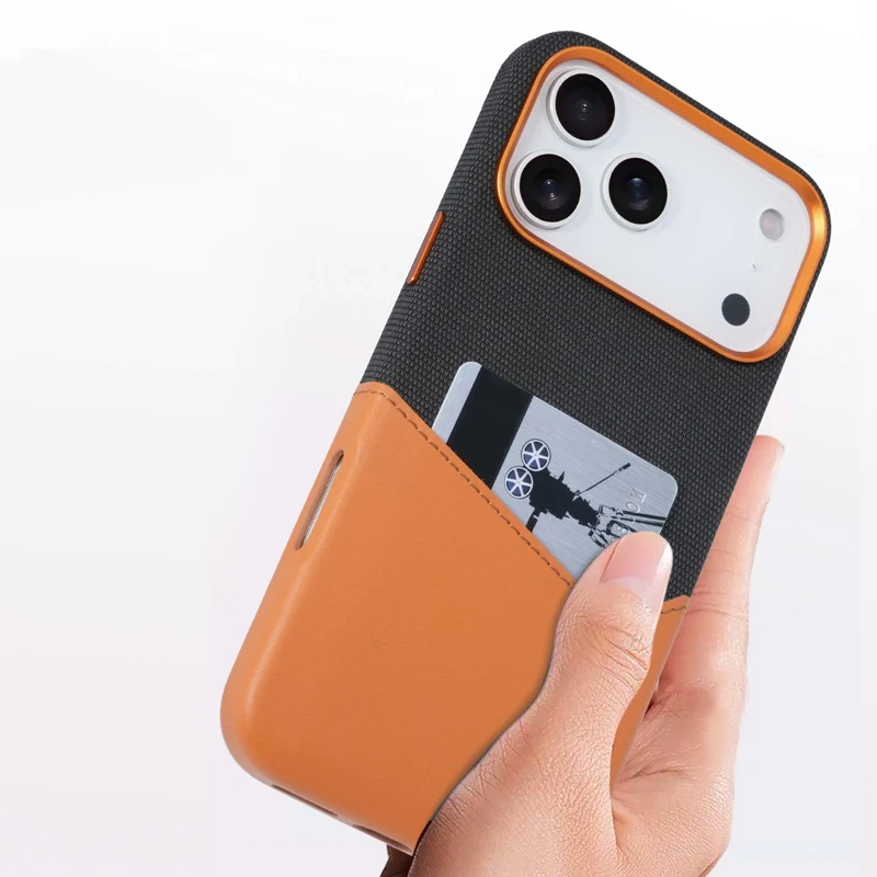 Trendy Hit Color Card Pocket MagSafe Phone Case For iPhone 16 17pro max 17 15 Pro 13 14 12 Wireless Charging Flax Leather Cover