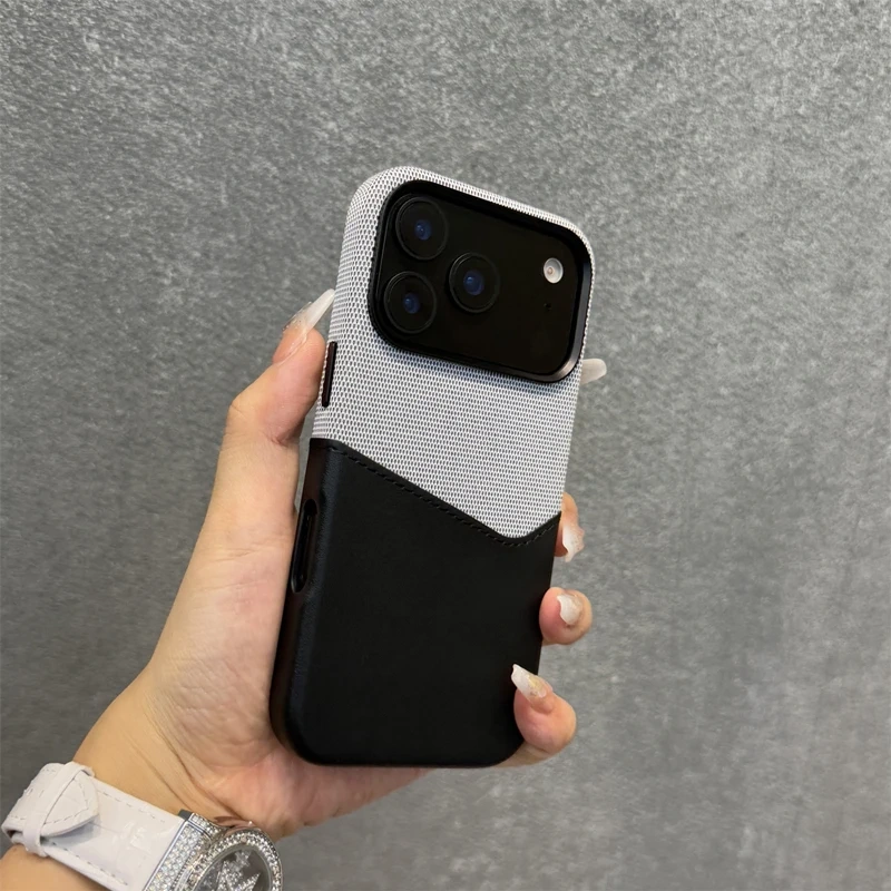 Trendy Hit Color Card Pocket MagSafe Phone Case For iPhone 16 17pro max 17 15 Pro 13 14 12 Wireless Charging Flax Leather Cover