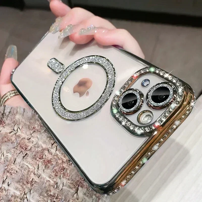Clear Bling Crystal Phone Case For iPhone 17 Air 15 16 14 11 12 13 Pro Max Plus For Magsafe Magnetic Wireless Charging Cover