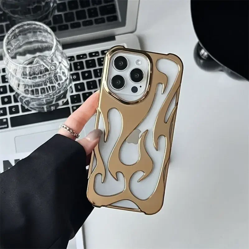 3D Flame Pattern Hollow Slim Phone Case For iPhone 16 15 14 13 12 11 Pro Max Plus Shockproof Protective Heat Dissipation Cover