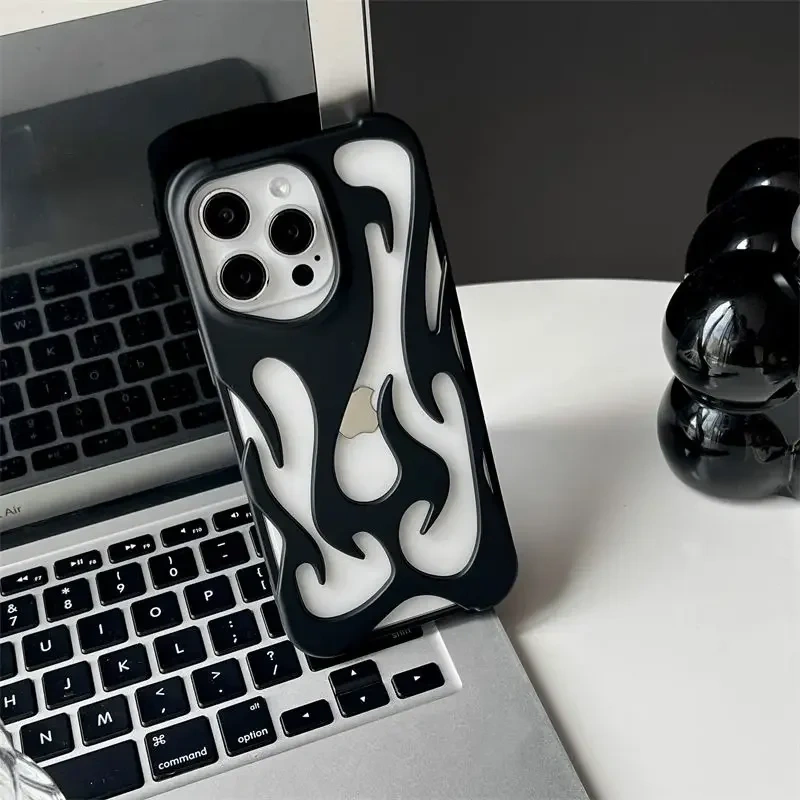 3D Flame Pattern Hollow Slim Phone Case For iPhone 16 15 14 13 12 11 Pro Max Plus Shockproof Protective Heat Dissipation Cover