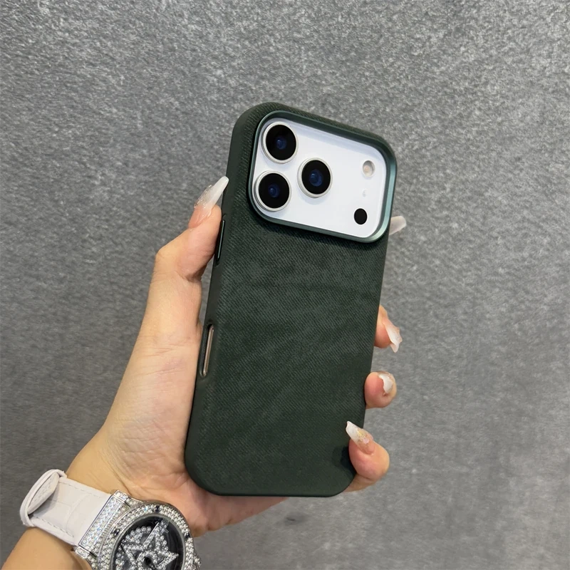 Alloy Lens Flannel Fabric MagSafe Phone Case For iPhone 17 17pro max 15 16 Pro 14 13 12 Wireless Charging Retro Hard Armor Cover