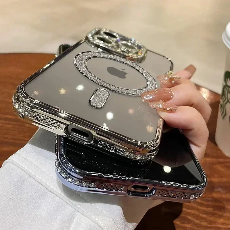 Clear Bling Crystal Phone Case For iPhone 17 Air 15 16 14 11 12 13 Pro Max Plus For Magsafe Magnetic Wireless Charging Cover