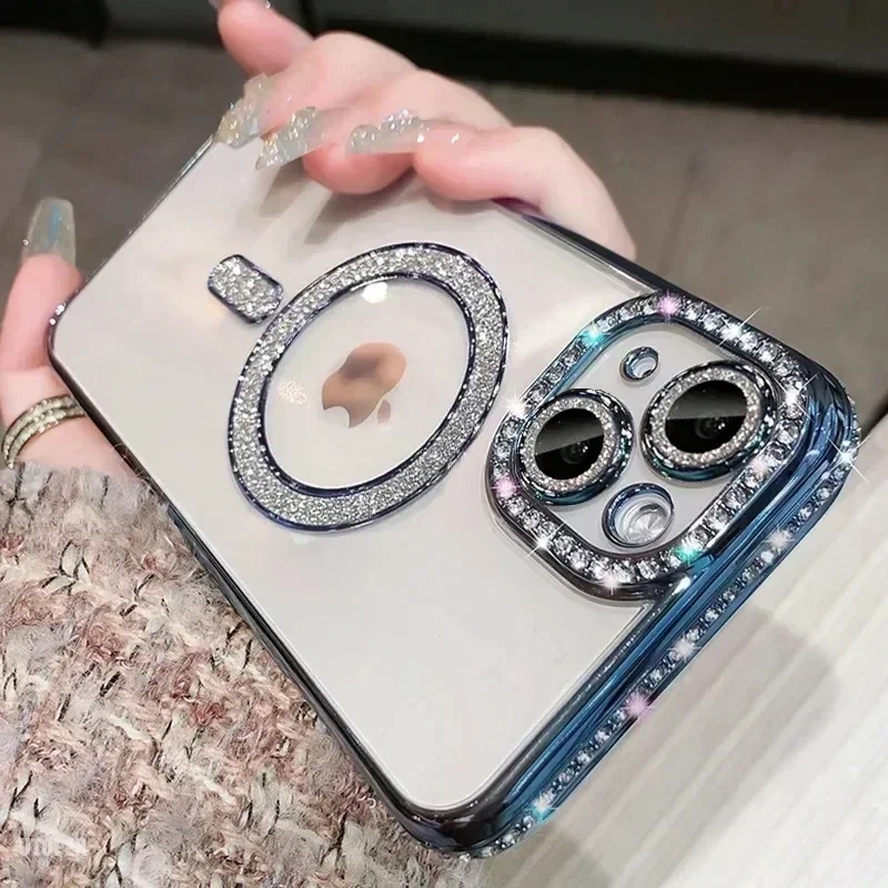Clear Bling Crystal Phone Case For iPhone 17 Air 15 16 14 11 12 13 Pro Max Plus For Magsafe Magnetic Wireless Charging Cover