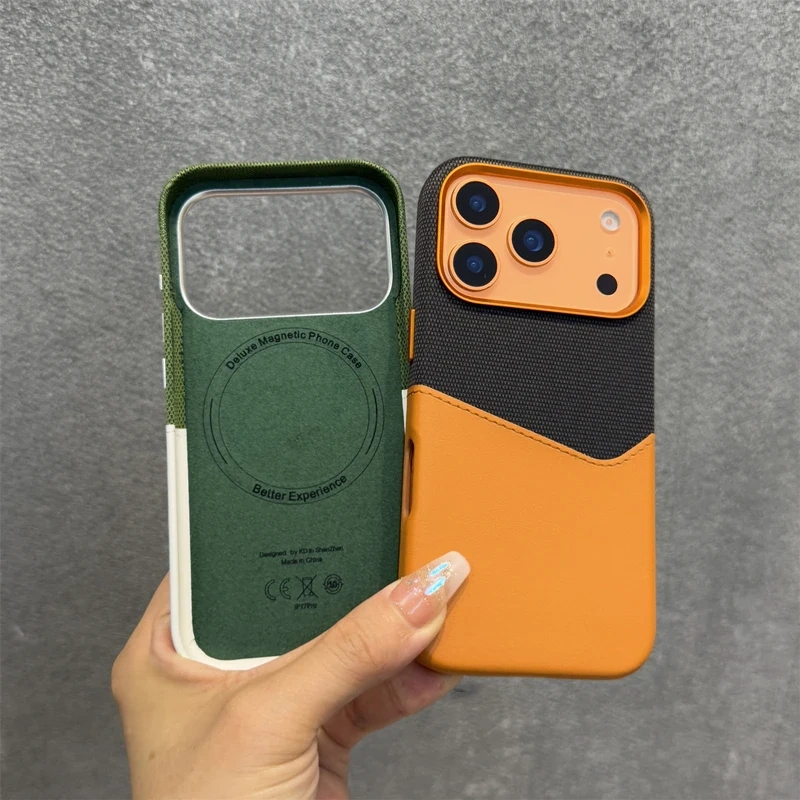 Trendy Hit Color Card Pocket MagSafe Phone Case For iPhone 16 17pro max 17 15 Pro 13 14 12 Wireless Charging Flax Leather Cover