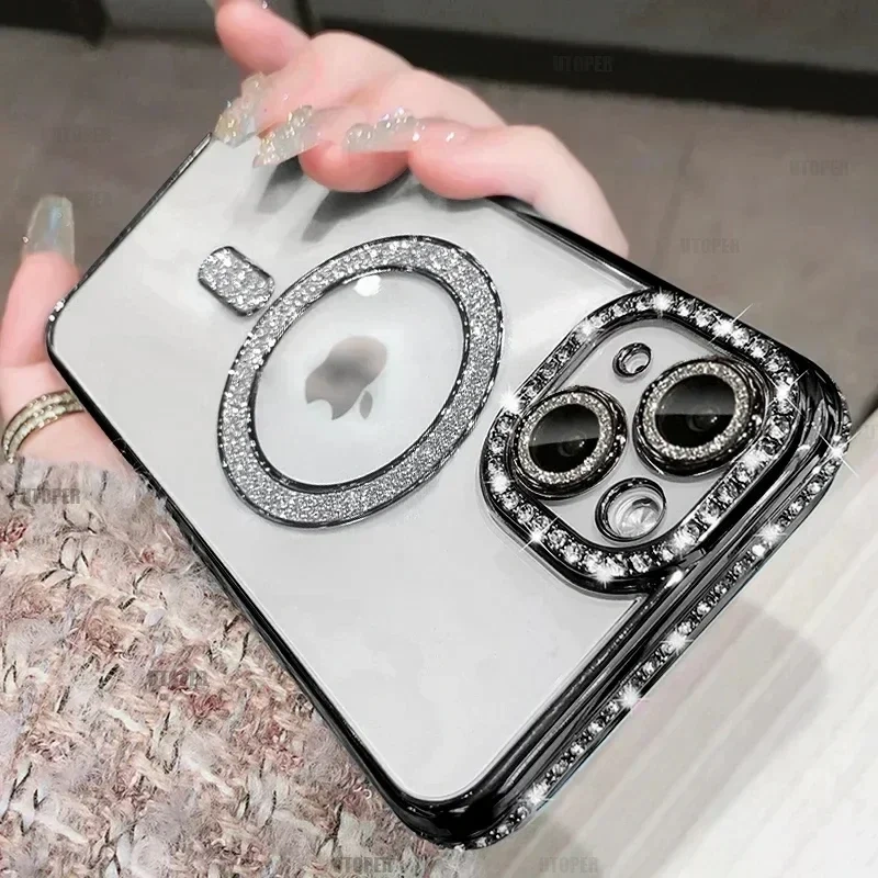 Clear Bling Crystal Phone Case For iPhone 17 Air 15 16 14 11 12 13 Pro Max Plus For Magsafe Magnetic Wireless Charging Cover