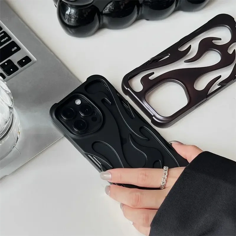 3D Flame Pattern Hollow Slim Phone Case For iPhone 16 15 14 13 12 11 Pro Max Plus Shockproof Protective Heat Dissipation Cover