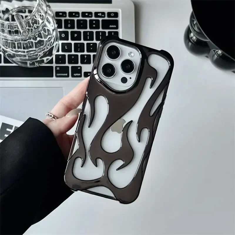 3D Flame Pattern Hollow Slim Phone Case For iPhone 16 15 14 13 12 11 Pro Max Plus Shockproof Protective Heat Dissipation Cover