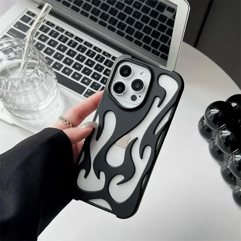 3D Flame Pattern Hollow Slim Phone Case For iPhone 16 15 14 13 12 11 Pro Max Plus Shockproof Protective Heat Dissipation Cover