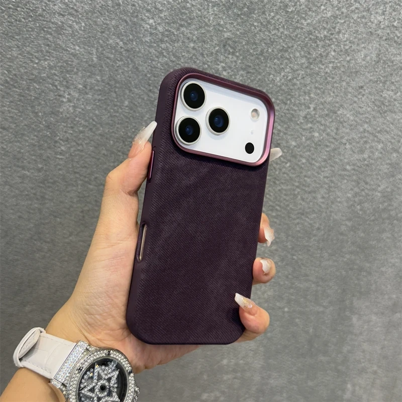 Alloy Lens Flannel Fabric MagSafe Phone Case For iPhone 17 17pro max 15 16 Pro 14 13 12 Wireless Charging Retro Hard Armor Cover