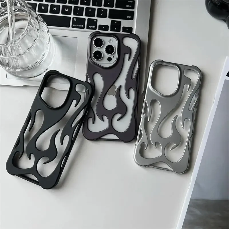 3D Flame Pattern Hollow Slim Phone Case For iPhone 16 15 14 13 12 11 Pro Max Plus Shockproof Protective Heat Dissipation Cover