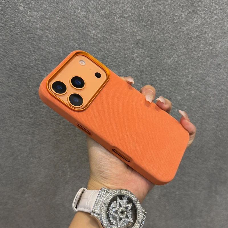 Alloy Lens Flannel Fabric MagSafe Phone Case For iPhone 17 17pro max 15 16 Pro 14 13 12 Wireless Charging Retro Hard Armor Cover