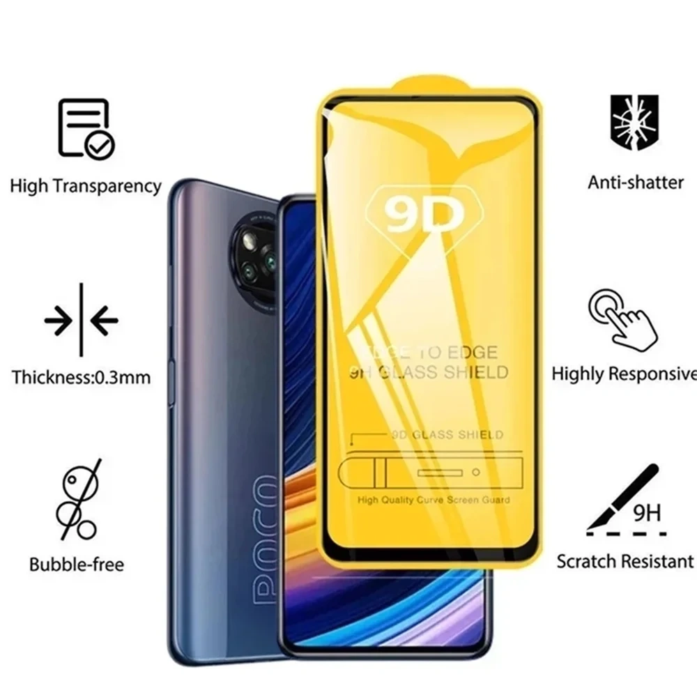 1-4PCS 9D Full Cover Screen Protector For Xiaomi Poco X6 Pro M6 X3 Pro C65 M5S M5 M4 M3 F6 F5 F3 C61 C40 C55 Tempered Glass