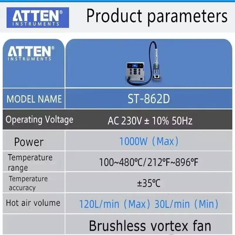 ATTEN ST-862D Hot Air Gun Soldering Station Lead-free 110V/220V 1000W BGA Rework Station Automatic Sleep Desoldering Station