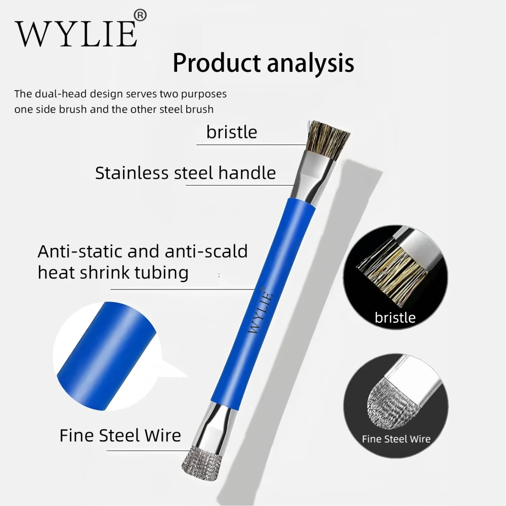 WYLIE Double-headed Cleaning Brush Anti-static Hard Pig Hair Fine Steel Wire for Good Cellphone Chip Glue Removal Brush Tool