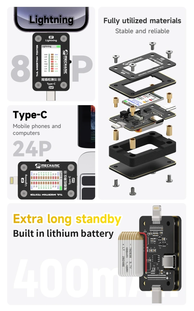 Mechanic T-824/SE Precision Tail Insertion Detector For iPhone/iPad/Mac Android Phones Type-C Lightning interface No Disassembly