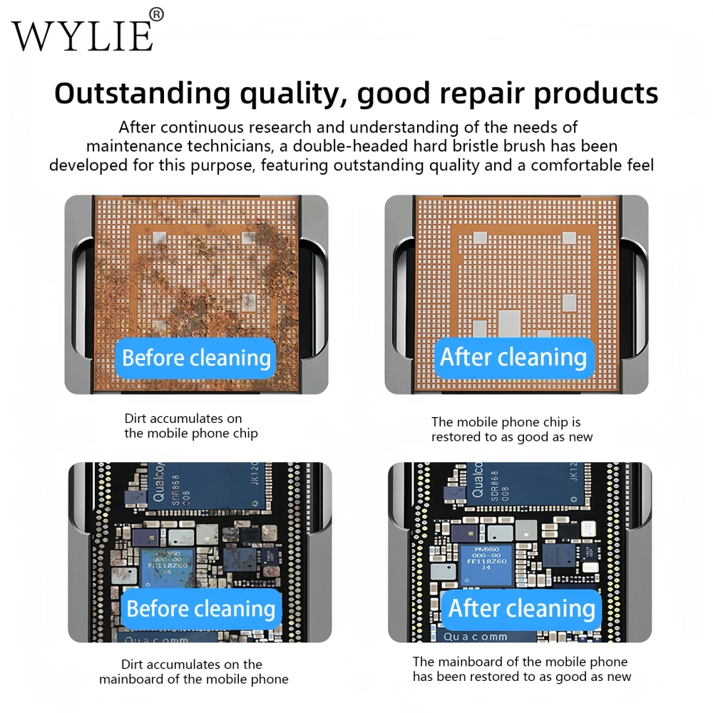 WYLIE Double-headed Cleaning Brush Anti-static Hard Pig Hair Fine Steel Wire for Good Cellphone Chip Glue Removal Brush Tool