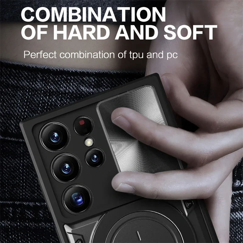 Slide Camera Protect Armor Stand Phone Case For Samsung Galaxy S24 Ultra 23 FE 22 Plus S20 FE Note20 Ultra A55 A35 A25 A15 4G 5G