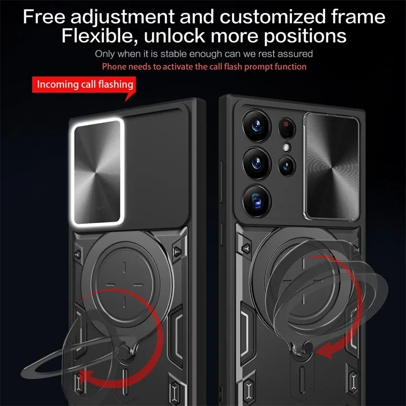 Slide Camera Protect Armor Stand Phone Case For Samsung Galaxy S24 Ultra 23 FE 22 Plus S20 FE Note20 Ultra A55 A35 A25 A15 4G 5G