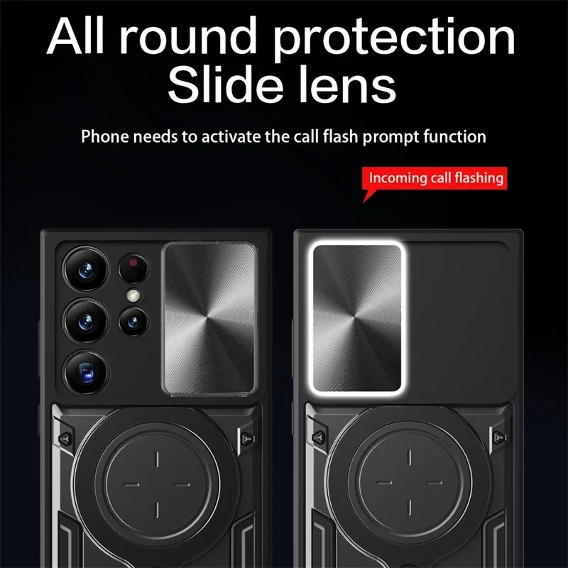 Slide Camera Protect Armor Stand Phone Case For Samsung Galaxy S24 Ultra 23 FE 22 Plus S20 FE Note20 Ultra A55 A35 A25 A15 4G 5G