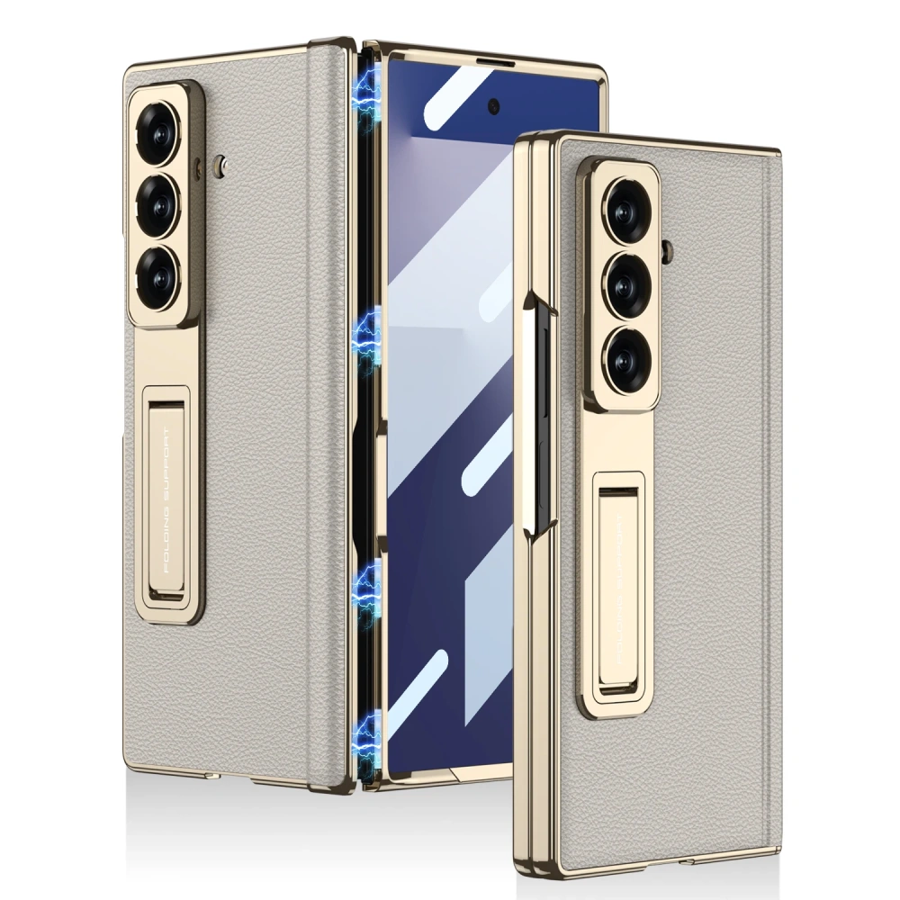 Magnetic Leather Hinge Case For Samsung Galaxy Z Fold 7 6 Luxury Plating Stand Front Screen Glass Cover For Galaxy Z Fold7 Case