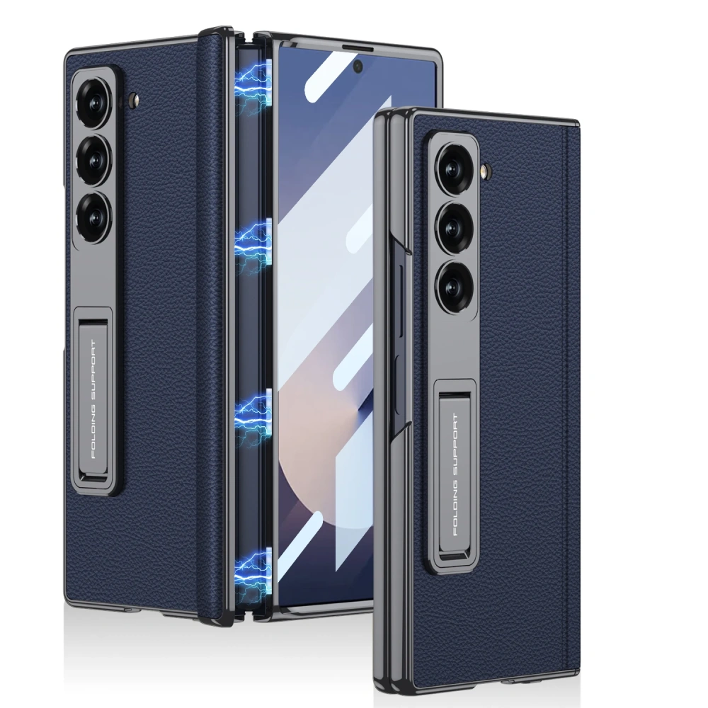 Magnetic Leather Hinge Case For Samsung Galaxy Z Fold 7 6 Luxury Plating Stand Front Screen Glass Cover For Galaxy Z Fold7 Case