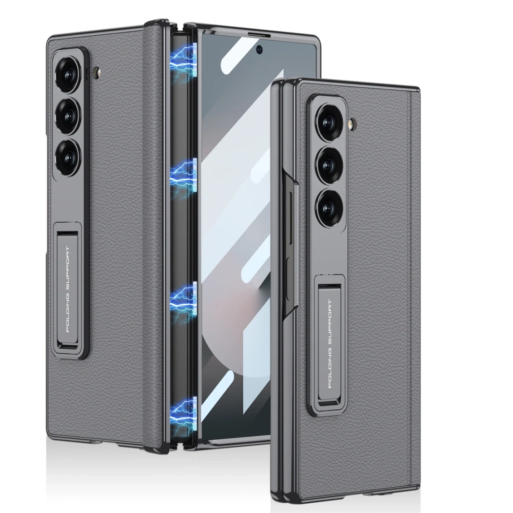 Magnetic Leather Hinge Case For Samsung Galaxy Z Fold 7 6 Luxury Plating Stand Front Screen Glass Cover For Galaxy Z Fold7 Case