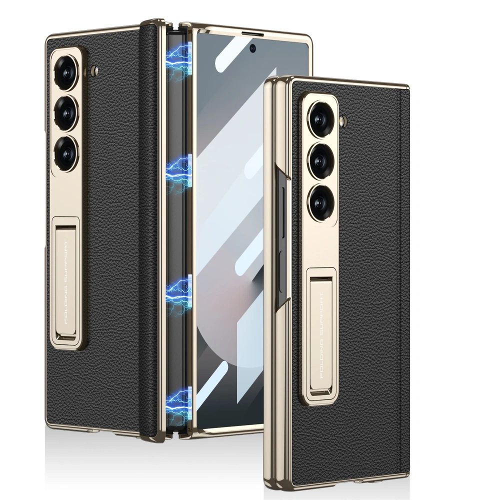 Magnetic Leather Hinge Case For Samsung Galaxy Z Fold 7 6 Luxury Plating Stand Front Screen Glass Cover For Galaxy Z Fold7 Case