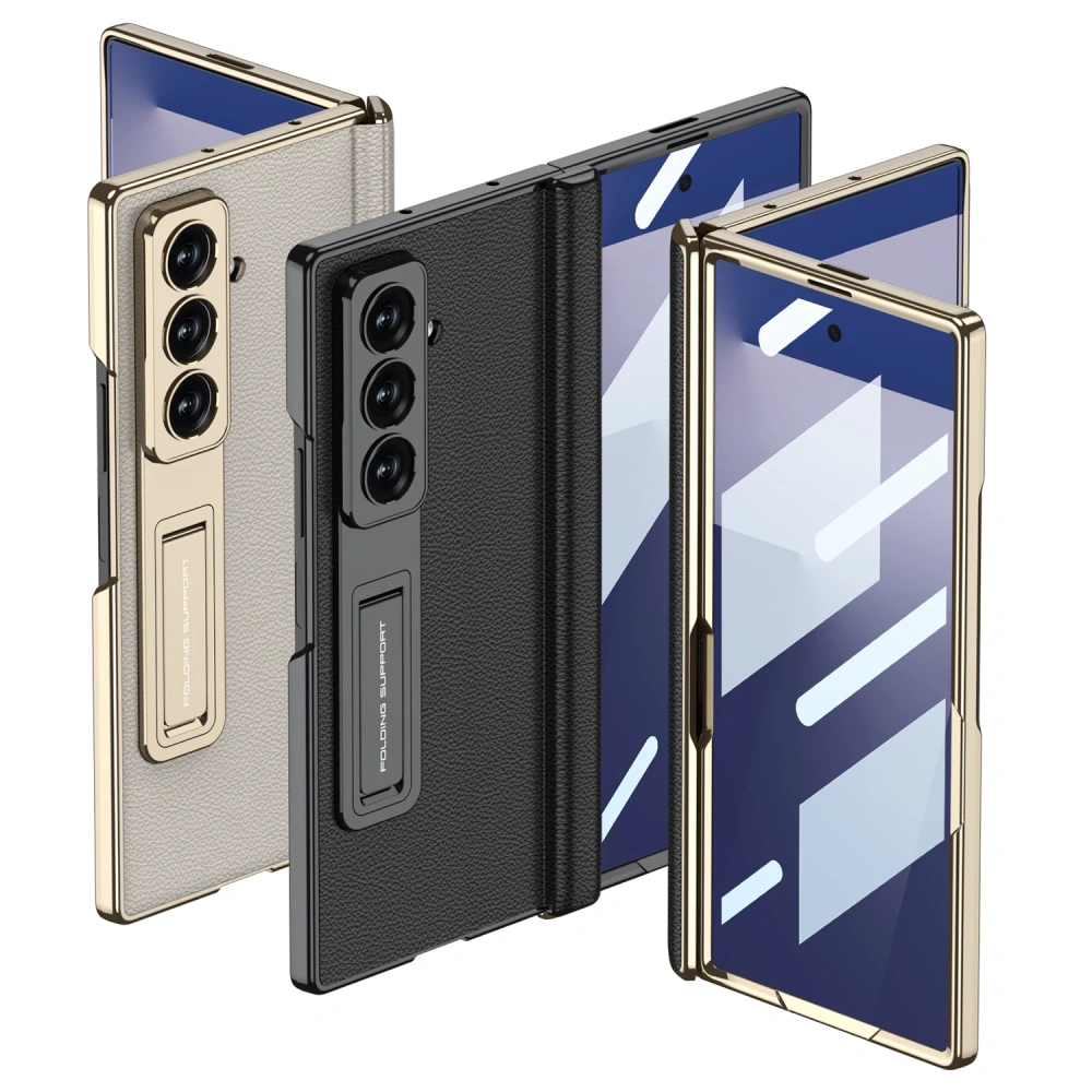 Magnetic Leather Hinge Case For Samsung Galaxy Z Fold 7 6 Luxury Plating Stand Front Screen Glass Cover For Galaxy Z Fold7 Case