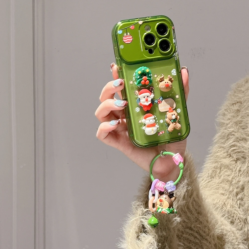3D Christmas Stand Holder With Bell Pendant Phone Case For iPhone 17 16 15 14 13 12 11 Pro Max Plus Santa Claus Keychain Cover