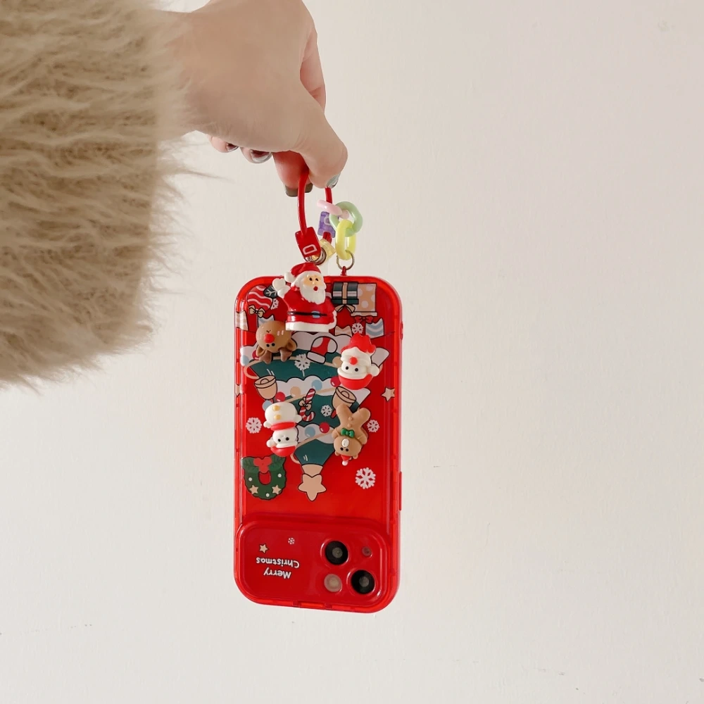 3D Christmas Stand Holder With Bell Pendant Phone Case For iPhone 17 16 15 14 13 12 11 Pro Max Plus Santa Claus Keychain Cover