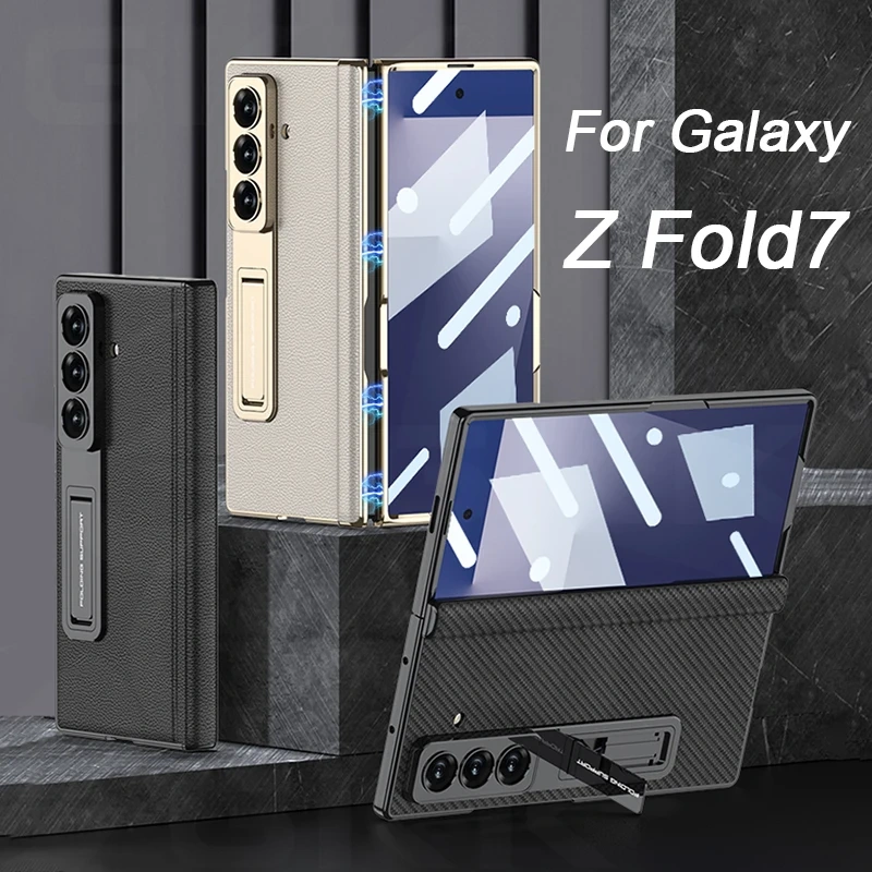 Magnetic Leather Hinge Case For Samsung Galaxy Z Fold 7 6 Luxury Plating Stand Front Screen Glass Cover For Galaxy Z Fold7 Case