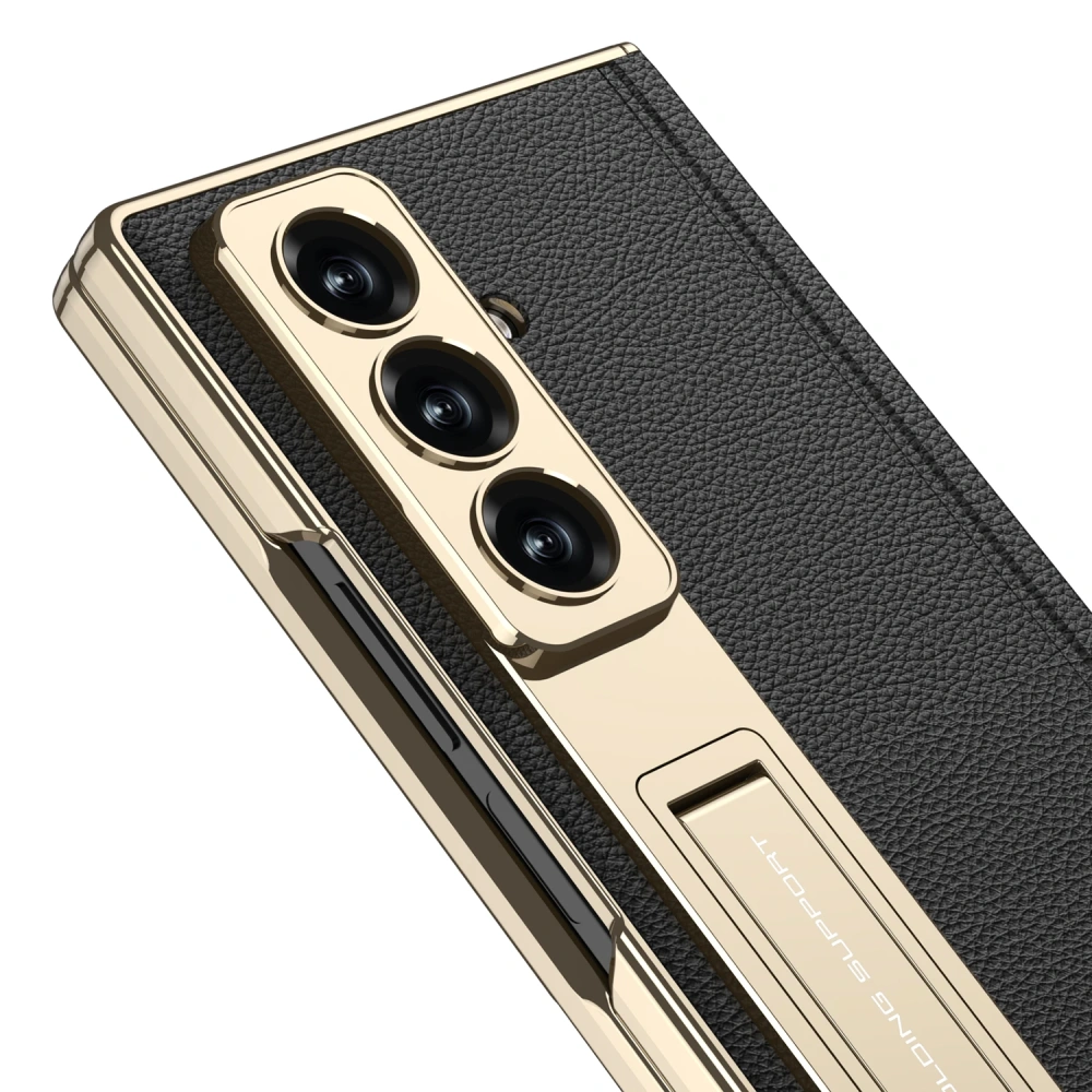 Magnetic Leather Hinge Case For Samsung Galaxy Z Fold 7 6 Luxury Plating Stand Front Screen Glass Cover For Galaxy Z Fold7 Case