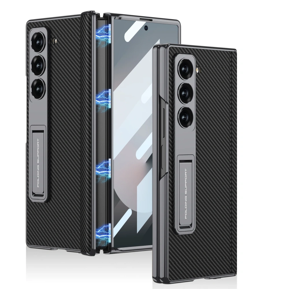 Magnetic Leather Hinge Case For Samsung Galaxy Z Fold 7 6 Luxury Plating Stand Front Screen Glass Cover For Galaxy Z Fold7 Case