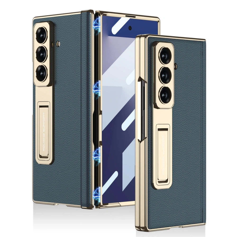 Magnetic Leather Hinge Case For Samsung Galaxy Z Fold 7 6 Luxury Plating Stand Front Screen Glass Cover For Galaxy Z Fold7 Case
