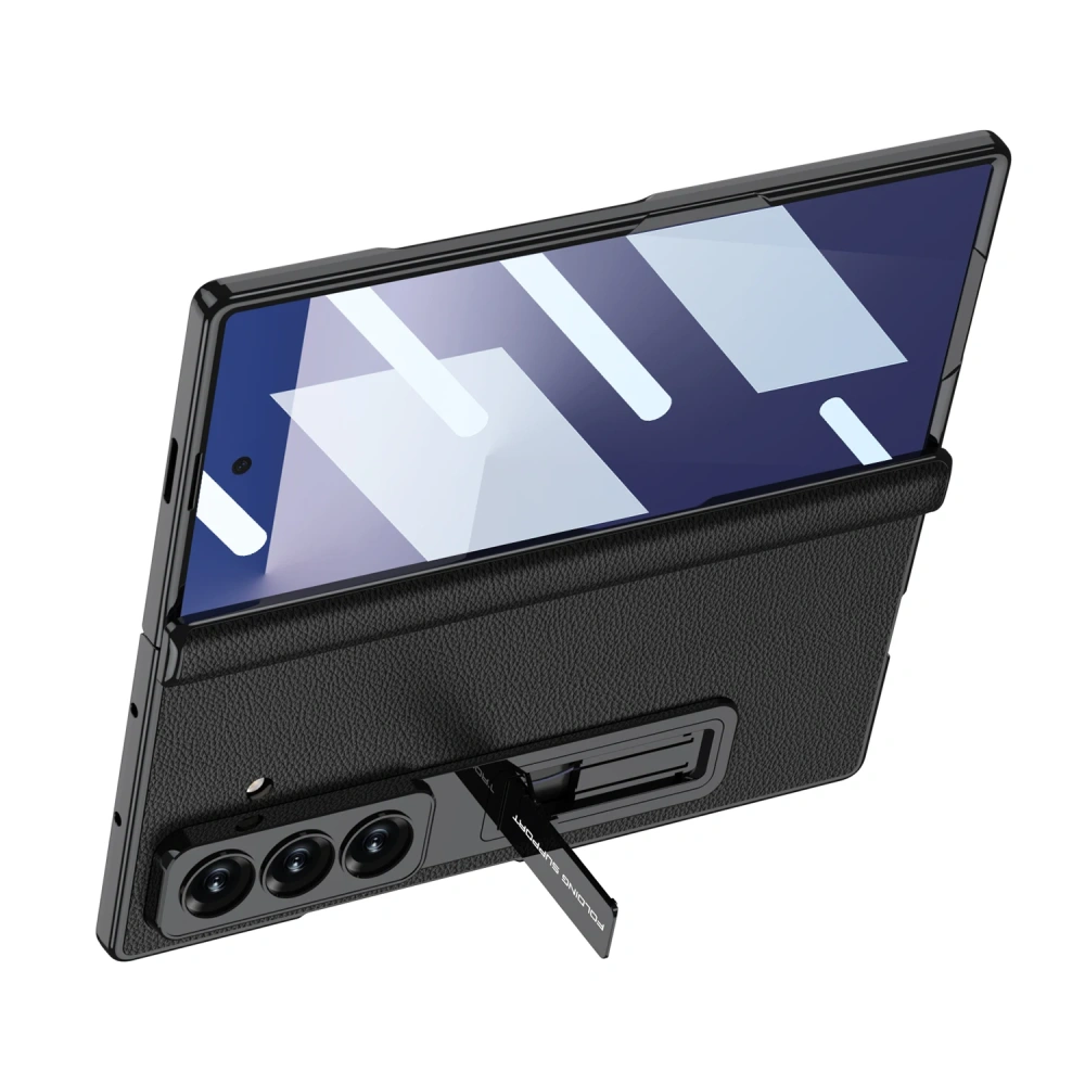 Magnetic Leather Hinge Case For Samsung Galaxy Z Fold 7 6 Luxury Plating Stand Front Screen Glass Cover For Galaxy Z Fold7 Case