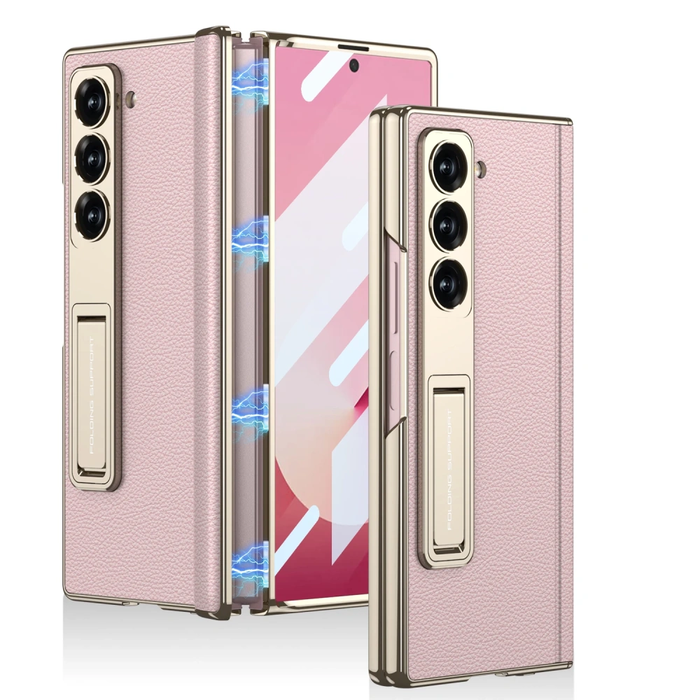Magnetic Leather Hinge Case For Samsung Galaxy Z Fold 7 6 Luxury Plating Stand Front Screen Glass Cover For Galaxy Z Fold7 Case
