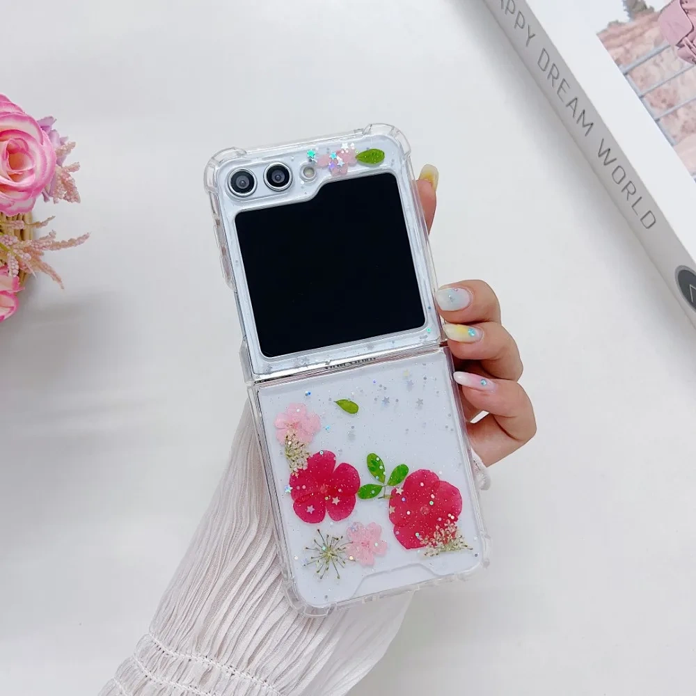 For Samsung Galaxy Z Flip 5 4 3 ZFlip5 Case Dried Flower Bling Glitter Transparent Folding Shockproof Protection Hard Back Cover