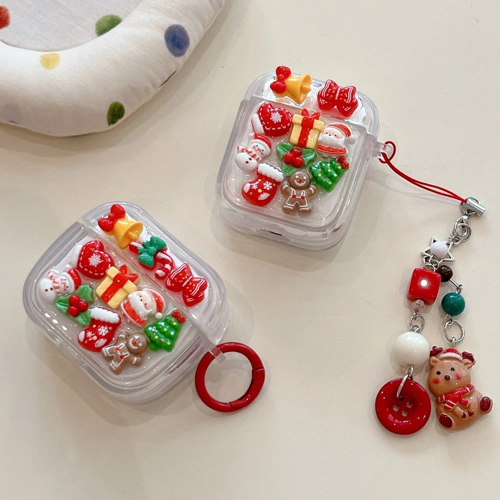 Drop Glue Christmas Santa Claus Snowman Wireless Bluetooth Cases For AirPods 1 Pro 2 Pro 3 4 Headphone Covers With Keychain