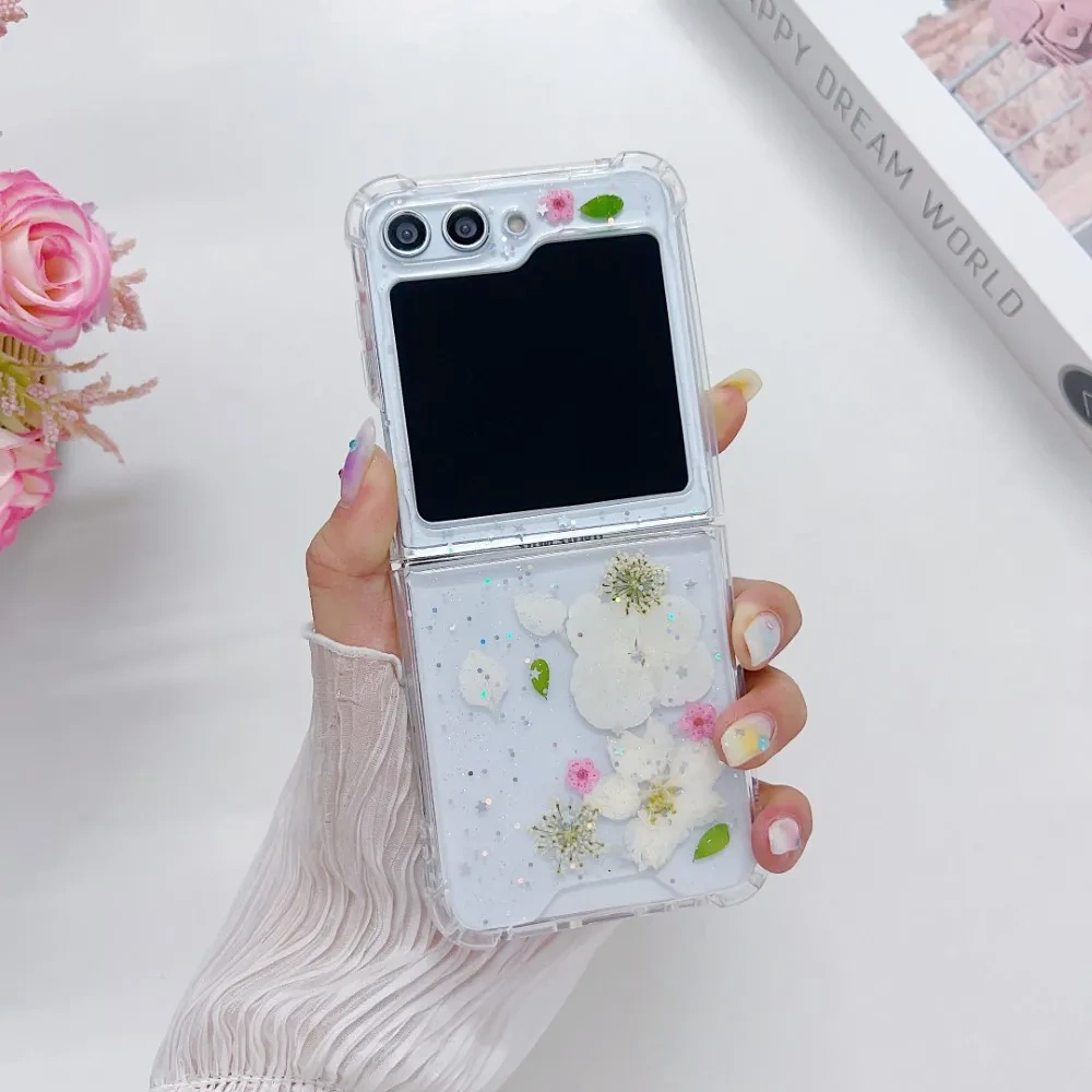 For Samsung Galaxy Z Flip 5 4 3 ZFlip5 Case Dried Flower Bling Glitter Transparent Folding Shockproof Protection Hard Back Cover