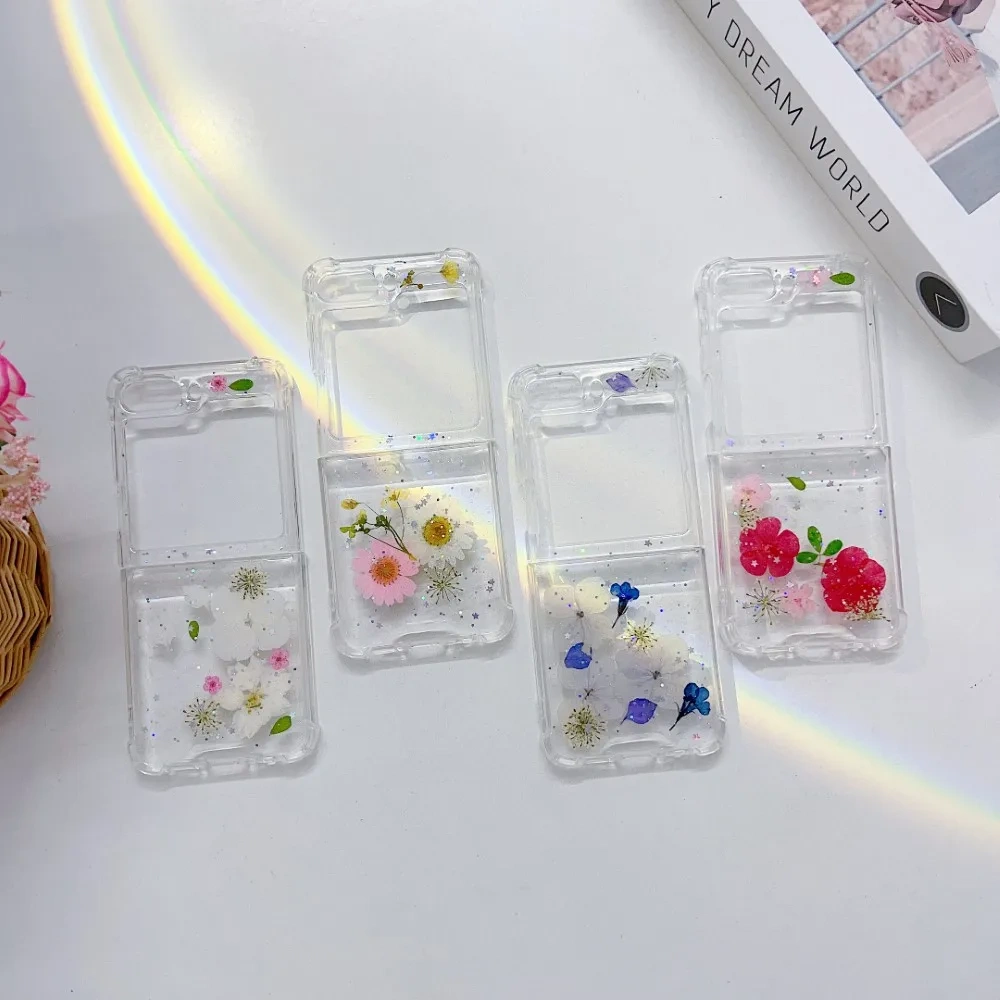 For Samsung Galaxy Z Flip 5 4 3 ZFlip5 Case Dried Flower Bling Glitter Transparent Folding Shockproof Protection Hard Back Cover