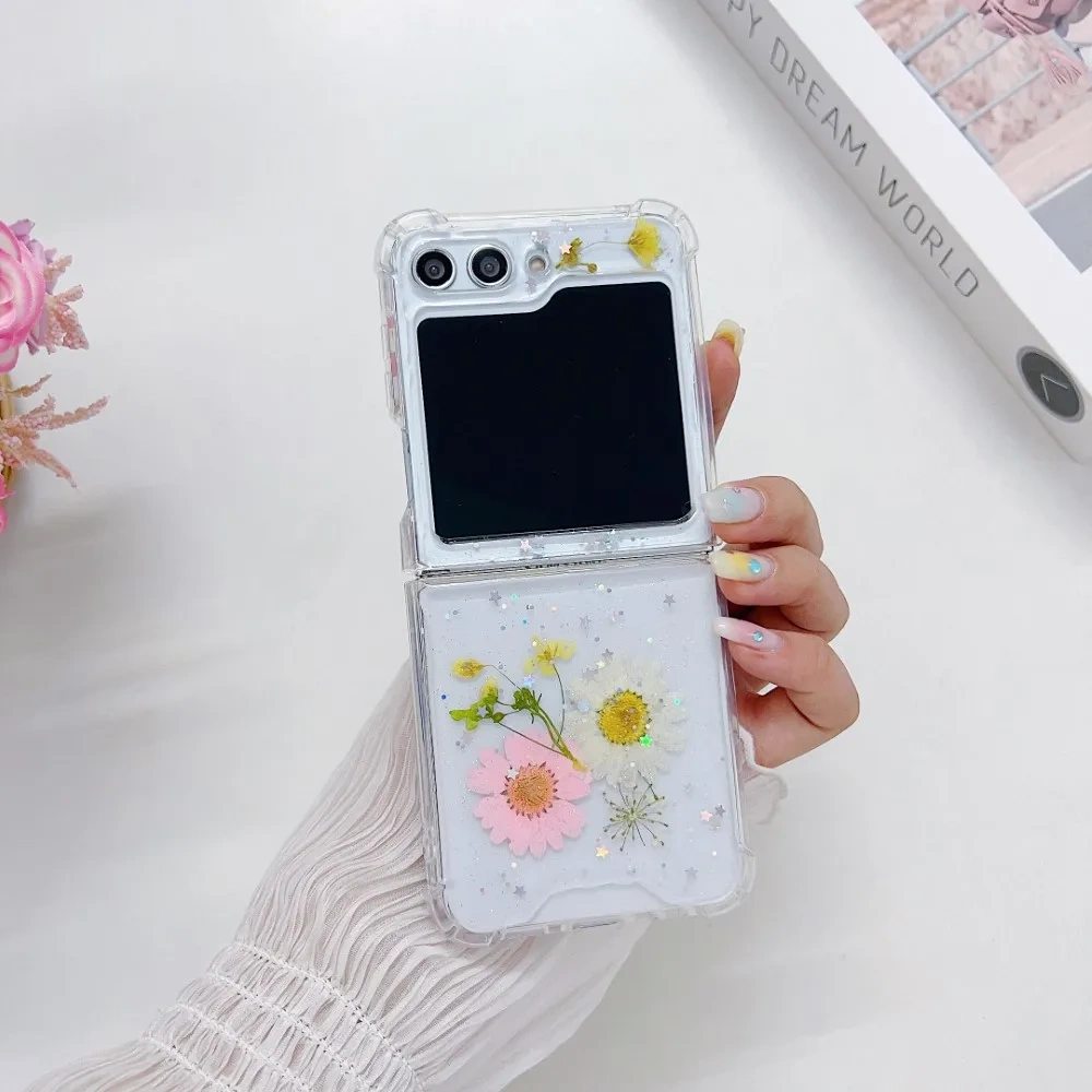For Samsung Galaxy Z Flip 5 4 3 ZFlip5 Case Dried Flower Bling Glitter Transparent Folding Shockproof Protection Hard Back Cover