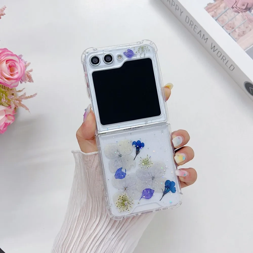 For Samsung Galaxy Z Flip 5 4 3 ZFlip5 Case Dried Flower Bling Glitter Transparent Folding Shockproof Protection Hard Back Cover